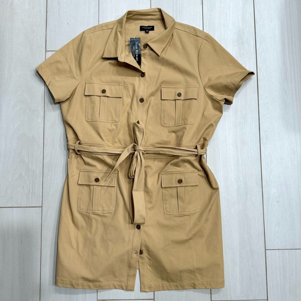 Isaac Mizrahi Preppy Utility Safari Tie Belt Mini Shirtdress NWT XXL Khaki - Picture 5 of 8
